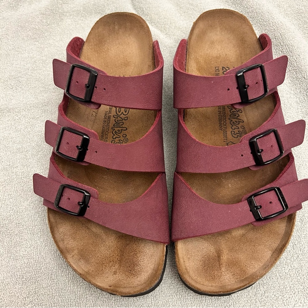 Birkenstock Red Sandals with Adjustable Straps and Cork Footbed